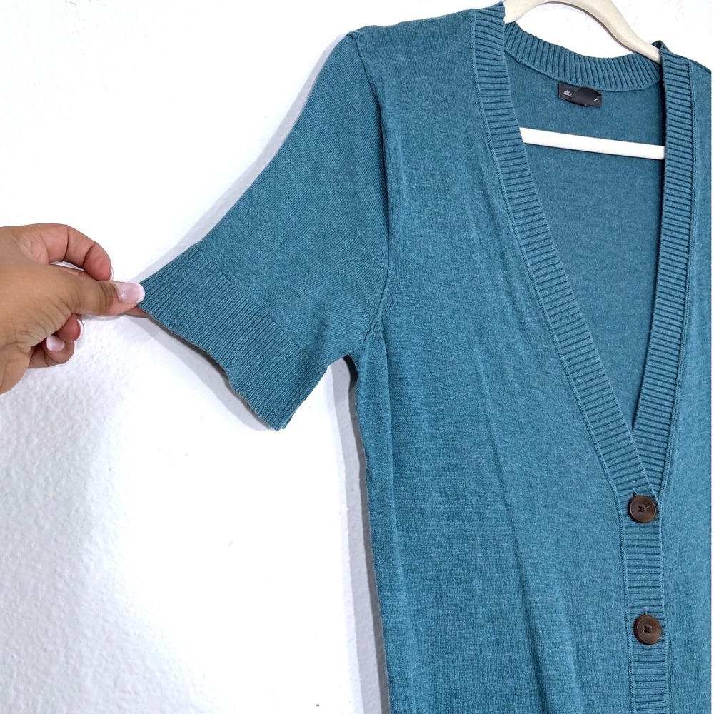 Eddie Bauer M Short Sleeve Cardigan Sweater Teal Blue Button Pockets Bella Swan - Picture 6 of 13